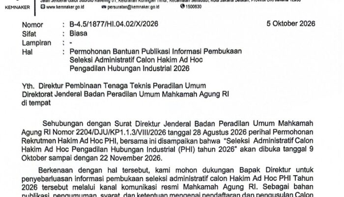 Kemnaker Buka Seleksi Calon Hakim Ad Hoc PHI 2026, Pendaftaran Berlangsung hingga 22 November